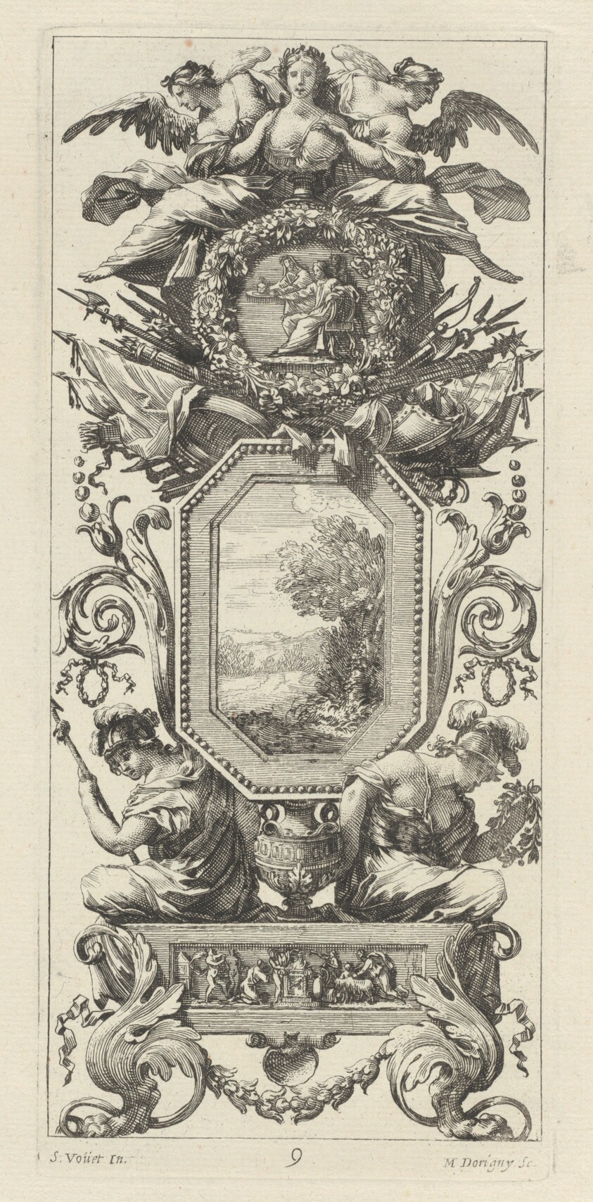 Ornamental Panel Surmounted with Two Figures Leaning on the Bust of a Woman