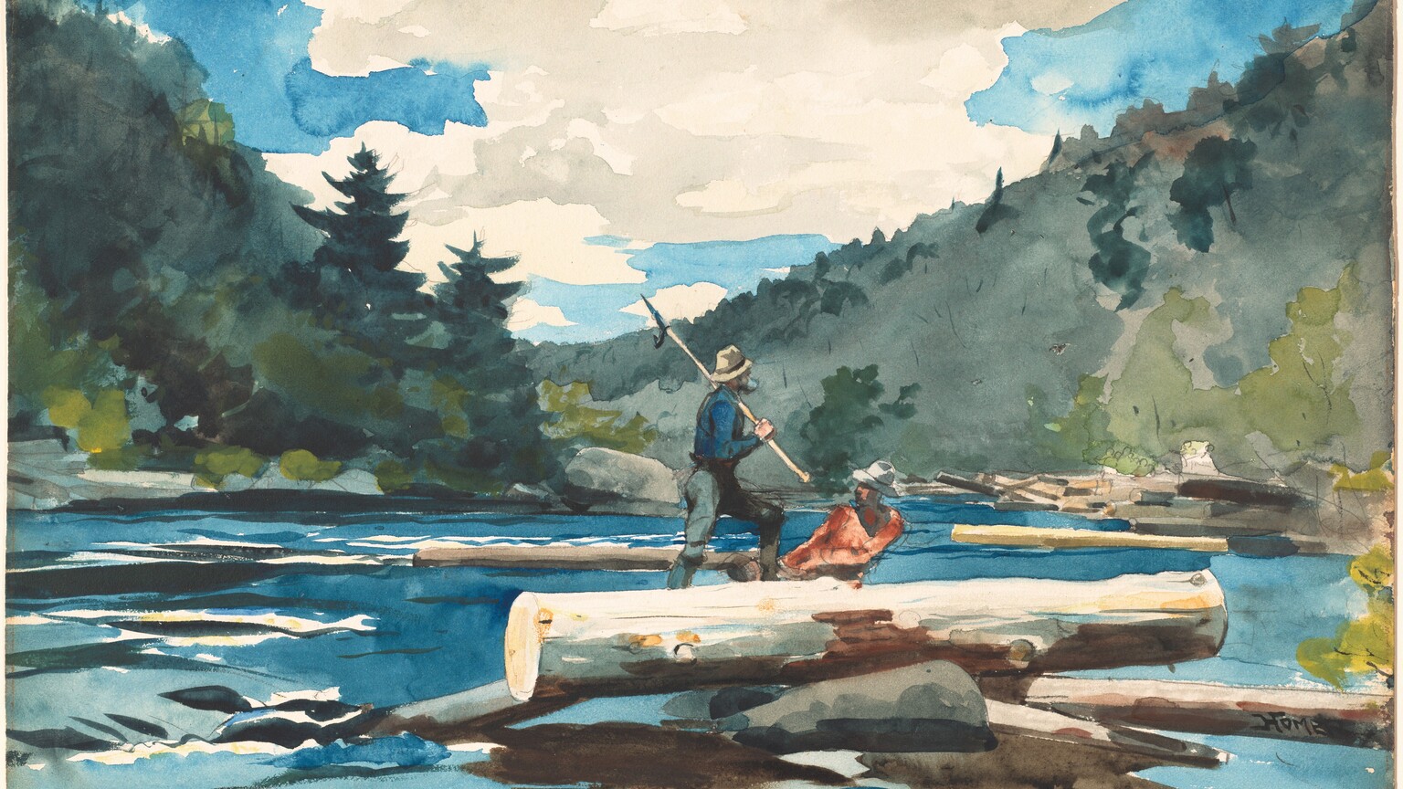 Two men on logs surrounded by the rapids of the Hudson River with green trees on both sides and a blue sky with white puffy clouds.