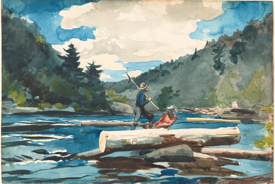 Two men on logs surrounded by the rapids of the Hudson River with green trees on both sides and a blue sky with white puffy clouds.