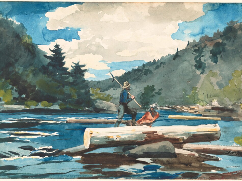 Two men on logs surrounded by the rapids of the Hudson River with green trees on both sides and a blue sky with white puffy clouds.