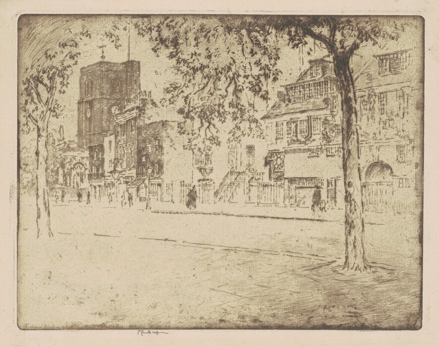 The image shows a row of buildings and a church in an urban setting. The church tower is prominent among the structures. A large tree is on the right side of the image, with branches framing the top. In the distance, more buildings are visible with intricate architectural details. Some individuals are near a fence lining the street. The image is detailed and appears like an etching, using fine lines. It has a monochromatic color scheme with a vintage look. Light, shadow, and precise lines create a subdued yet intricate scene.