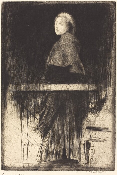 The image depicts a person from the upper body upward, slightly to the side with their head turned towards the viewer in a partial profile view. The facial features are softly rendered, with a faintly defined face and closed eyes, framed by light hair against a darker background. The person wears voluminous dark clothing, possibly a cloak or heavy garment. There are no visible objects, jewelry, or setting in the monochrome, textured background.