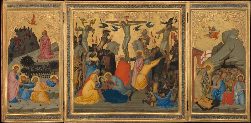 A square panel flanked by two tall, rectangular panels all have gold frames and shimmering gold backgrounds behind groups of people, all of whom have light skin. On the square, central panel, three men hang on wooden crosses above people crowded below. The crucified men wear only white cloths across their hips and their skin has a green cast. A halo encircles the bent head of the man on the middle cross, Jesus, who wears a ring of thorns in his long, red hair. Blood trickles down his forehead and drips from nails driven through his hands and overlapped feet, and from a gash over his right ribs, to our left. Four miniature, winged angels are painted entirely in tones of dark, cobalt blue, and they fly in pairs on either side of his body. A panel at the top of the cross reads “INRI” in gold letters against a red field. The other two crosses are spaced evenly to either side. The men are tied with their elbows hooked unnaturally back over the crossbeams, and wounds on their broken shins pour blood. The man to our left tilts his head up as one small, golden angel touches the back of his head and the other lifts a miniature version of the man from his parted lips. To our right, the man’s eyes roll back and his mouth gapes open as two black, winged creatures like dragons fly overhead. In the bottom left corner, a group of four women cluster around a recumbent woman with long blond hair wearing a blue cloak. In the right corner, a group of three men tug at a blue tunic, as they draw straws from one man’s fist. Other men and women, a few with gold halos, cluster at the foot of the crosses, wearing robes and armor in shades of buttercup yellow, coral and brick red, light and lapis blue, and brown. The left tall, rectangular panel shows a haloed man, Jesus again, kneeling on a flat rock above a stylized garden. Hands crossed over his chest, he looks up in profile facing our left at a small angel with a red gown and wings offering a chalice. Closer to us, Jesus appears for a second time in this panel, greeting a bearded man wearing blue and golden yellow as two others sleep behind them. All four have halos. On a hill beyond the garden, to our left, a group of men holding long spears and tall shields chase a man with a black halo. In the right panel, Jesus strides from under an archway across a wooden door that lies flat along the ground as it pins and crushes a black beast. Jesus wears a bright, gold-patterned cloth draped over one shoulder and around his body. He holds a tall pole with a flag with a red cross on a white field with his left hand. His other clasps hands with an elderly man with gray hair and long white beard. Behind the elder man, a crowd of men and women kneel in front of the opening of a craggy cave. One man holds a scroll with black letters that reads, “ECCE ANGIUS.” Another bearded man floats above holding a scroll that reads, “DESTRUXIT QUIDAM MORTES INFERNI ET SUBVERTIT POTENTIAS DIABOLI.” Gold frames around all three panels, which are attached with hinges, have an inset band of lapis blue with a scrolling, leafy design in gold. Above each scene, architectural arches and tracery is created in low relief in gold against the gold-leaf background. In the lower center of central panel, in the blue band, the work is signed, “ANDREAS UANNIS DE SENIS ME PINXIT.”