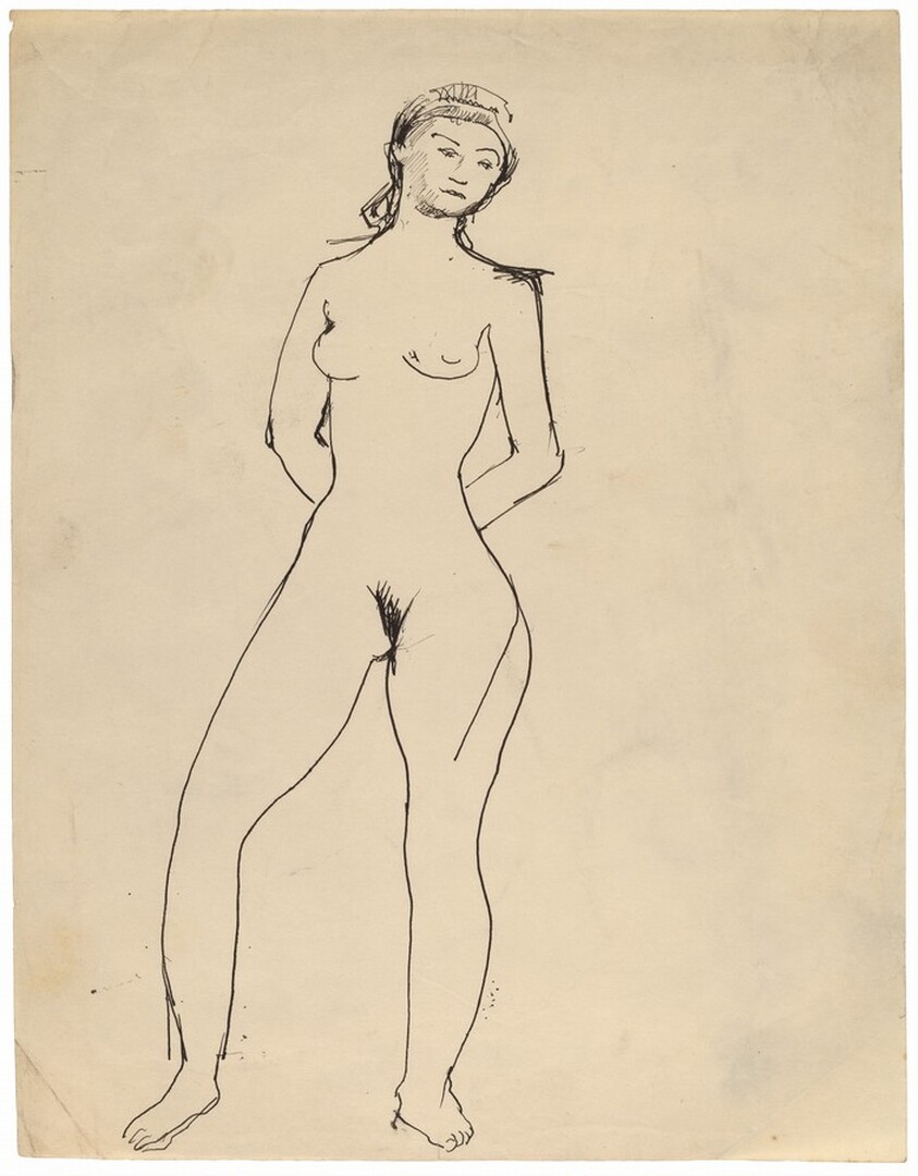 Frontal Nude, Right Leg Bent at Knee, Hands Behind