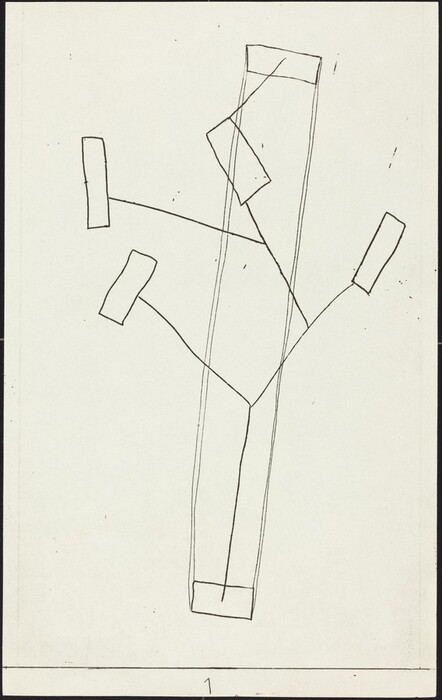 The image displays straight and slightly curved lines intersecting at various angles, forming an abstract pattern. Within the design are rectangles of varying sizes connected by these lines.