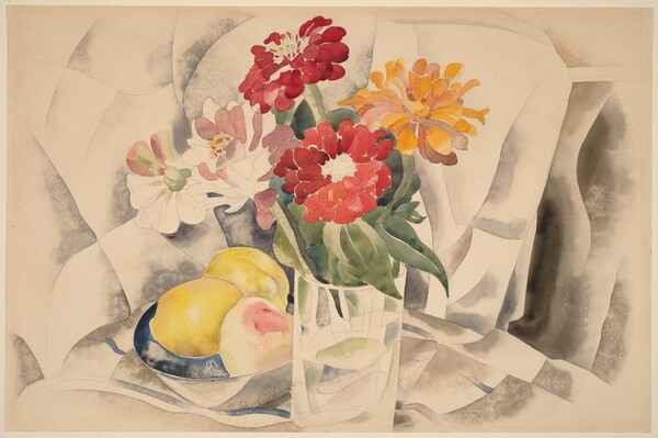 Zinnias and a Blue Dish with Lemons