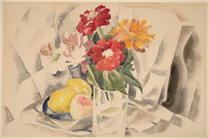 Zinnias and a Blue Dish with Lemons