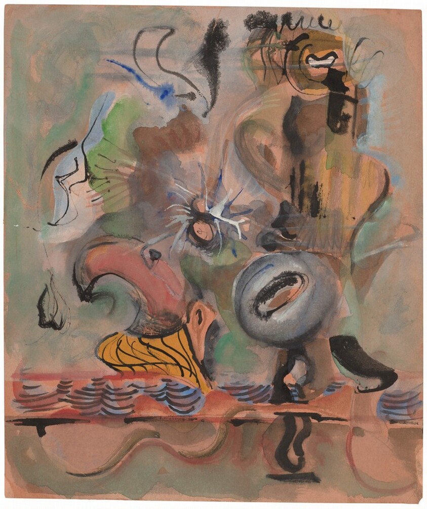 Abstract Composition in Black, Orange, Green, Blue, Gray, and White