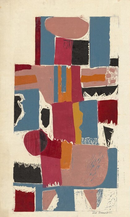 The image shows various geometric shapes and bold lines arranged in an irregular fashion, creating an abstract composition. Shapes include rectangles, ovals, and jagged lines painted in earthy tones such as red, blue, pink, and black. These forms resemble a fragmented cityscape or a patchwork quilt with blocks of colors and patterns. Viewers can discern familiar objects like fragmented doors or windows amidst the collage, resembling architectural elements.