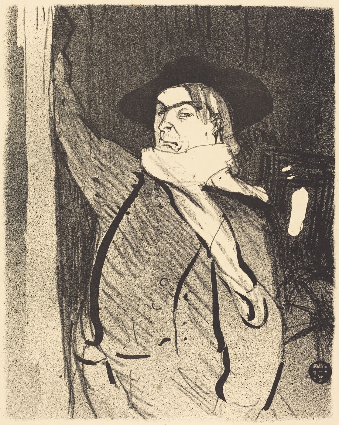 The image depicts an illustration of a man from the chest up, leaning against a wall with his left arm raised and resting against it. He is positioned slightly angled to the right side of the frame. The man's facial features are sharply defined, with a strong jawline, a pronounced nose, and intense eyes partially shaded by the brim of his wide, dark hat. His hair is mostly hidden under the hat except for a few strands falling on his forehead. He is wearing a buttoned shirt with visible black suspenders and a light-colored scarf wrapped around his neck. The background is sketchy and abstract, with varying shades of gray suggesting a textured, shadowy environment.