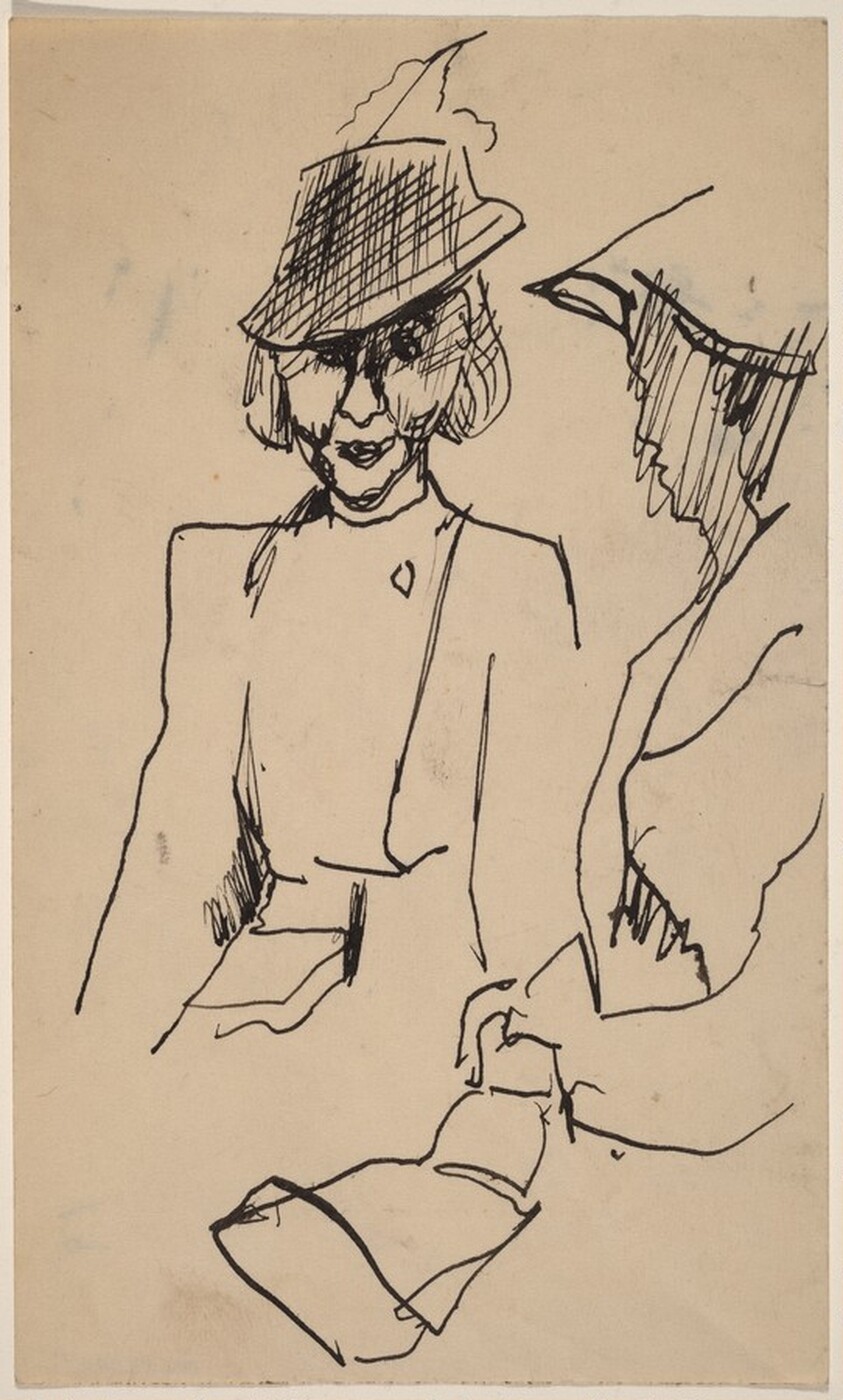 Two Seated Female Figures with Hats, Right Figure in Profile to Left