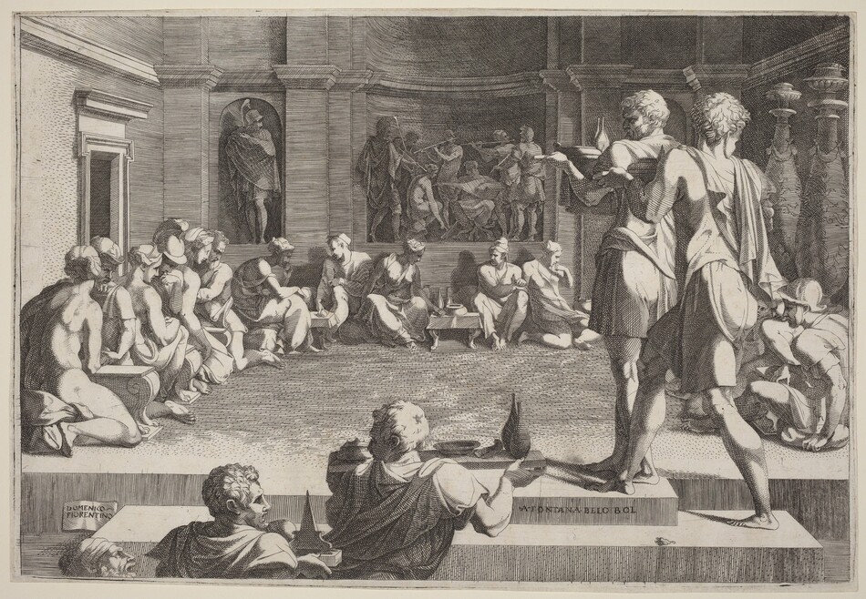 This is a drawing of a group of figures in an architectural setting. The image depicts an interior with multiple figures seated and interacting in a semicircular arrangement, within a grand architectural setting featuring statues and reliefs. The scene is detailed, showcasing figures in classical attire, some engaged in conversation while others appear to be in contemplation or observation. The left side shows a curving wall with a doorway and niches filled with figures, while the background includes a detailed architectural backdrop, suggesting an emphasis on spatial depth and classical architectural elements. The figures in the drawing are engaged in varied activities, such as holding objects or interacting with each other. The style is reminiscent of classical or Renaissance art, emphasizing proportionate human figures and detailed architectural elements.