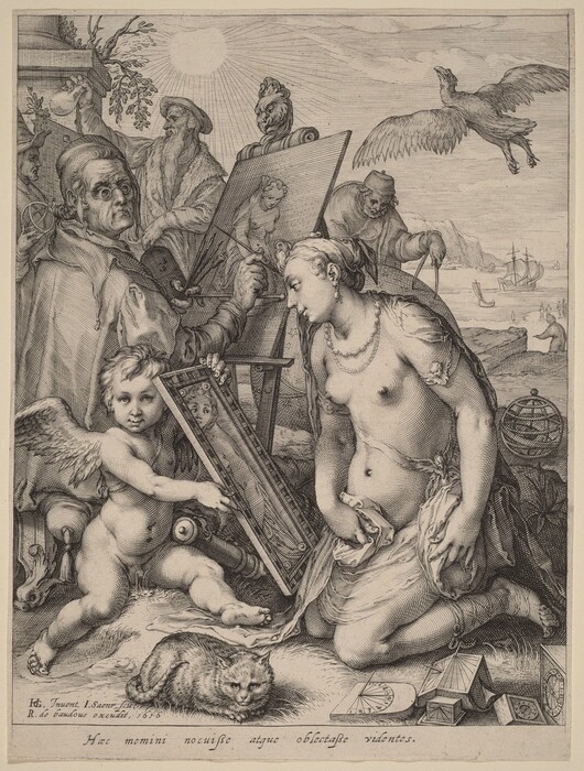 This is a print of an allegorical scene featuring various symbols of arts and sciences. Closest to us, there is a winged cherub holding a rectangular mirror up to a kneeling, semi-nude woman on the right who is draped in fabric. The woman seems to look down at her reflection in the mirror. Behind the cherub, an old man appears to paint the woman, looking towards her as he holds his brush up to the canvas. Three more men are partially visible behind him, all seeming to use tools related to measurement. More tools and objects are scattered on the ground. There is a cat sitting near the bottom-left corner, and a bird flying in the sky near the upper-right corner. In the sky above is a radiant sun, casting light over the background of mountains and a calm sea with ships.