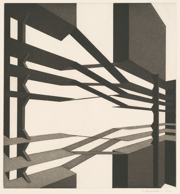 (Vertical forms at left and right with criss-cross diagonal beams at center)