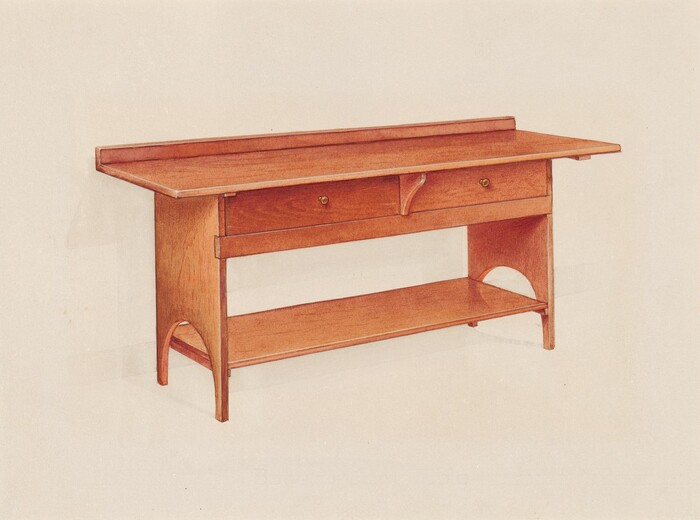 This is a photograph of a wooden console table. The table is crafted from warm-toned wood and features a long rectangular top surface with a slightly raised back edge. There are two small drawers with round handles, a central space between them adorned with a subtle triangular decorative accent, and four legs with an elegant arch cutout at the base of each side. A lower shelf connects the legs, providing additional storage or display space. The design is minimalistic, combining functionality and aesthetic appeal.