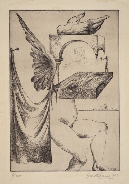 The image depicts interconnected shapes and lines, including a draped curtain, an archway, and a voluminous wing. The composition is abstract and intertwines different elements. The components summon associations with familiar objects like flowing fabric, a mythical creature, and a partial human form. A figure on a wooden platform holds an element that echoes a surreal narrative.