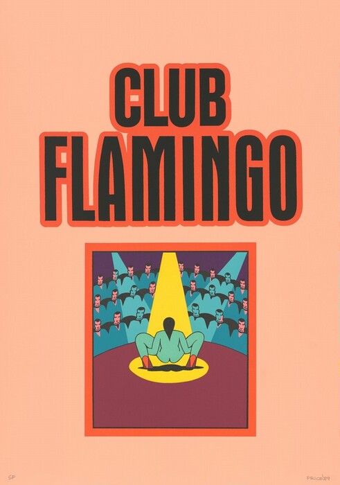 This is a painting of a stylized figure on stage under a spotlight, observed by an audience. The artwork features a retro design with the title "CLUB FLAMINGO" prominently displayed at the top in bold, black letters against an orange backdrop. Below the text is a theatrical scene where a central figure is seated under a bright yellow spotlight on a curved stage, surrounded by an audience depicted in teal and maroon tones. The audience figures are minimally detailed, with abstracted and repetitive faces.