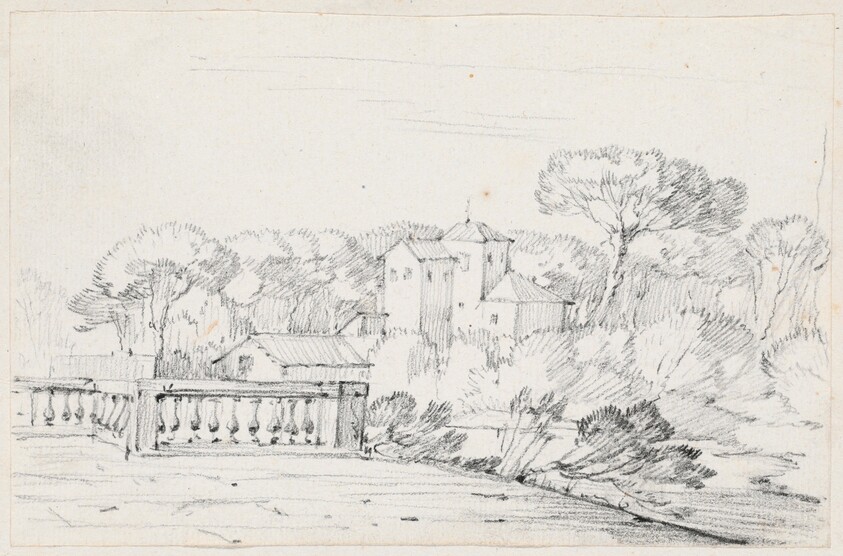 Terrace by a River with a Villa and Trees Beyond