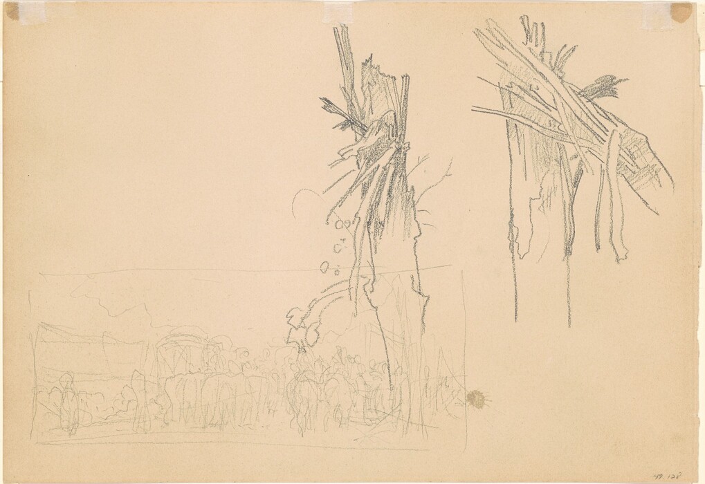 The image shows a sketch of a tree split and splintered, with detailed jagged lines illustrating its damaged condition. The drawing technique uses light and tentative pencil strokes, with more emphasis on the lines indicating the broken parts of the tree. The faintly suggested horizon features indistinct shapes that could be people or figures. In the background, less defined elements like another tree or structural formation are present. The color palette is monochromatic, using beige paper and gray pencil to create contrast and emphasize the rough texture of the drawing.
