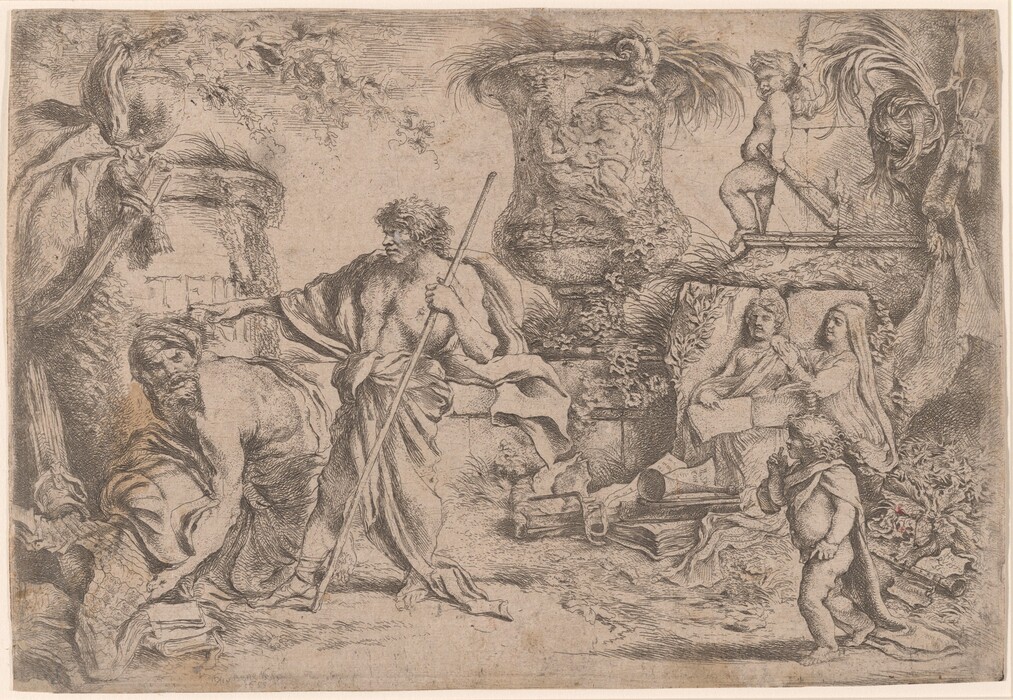 This is a drawing of a mythological scene with intricate details. The central figure is draped in a flowing garment, holding a staff. To the left, another figure seems to be making a gesture. The background features large vases with relief sculptures and natural elements. To the right, a cherub-like figure stands on a plinth, looking towards the main figures. The drawing is detailed with emphasis on texture and form, suggesting the use of shading and line work for depth. The environment combines artistic and natural motifs in a harmonious blend.