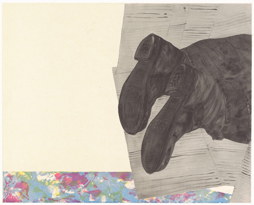 The image includes angular lines and rectangular shapes with papers or sheets arranged beneath an abstract depiction of a pair of black shoes from the sole perspective. The shoes show detailed textures and shading against a background of muted tones. The bottom edge of the image features a vivid blend of colors resembling a watercolor painting with floral or marbled patterns.