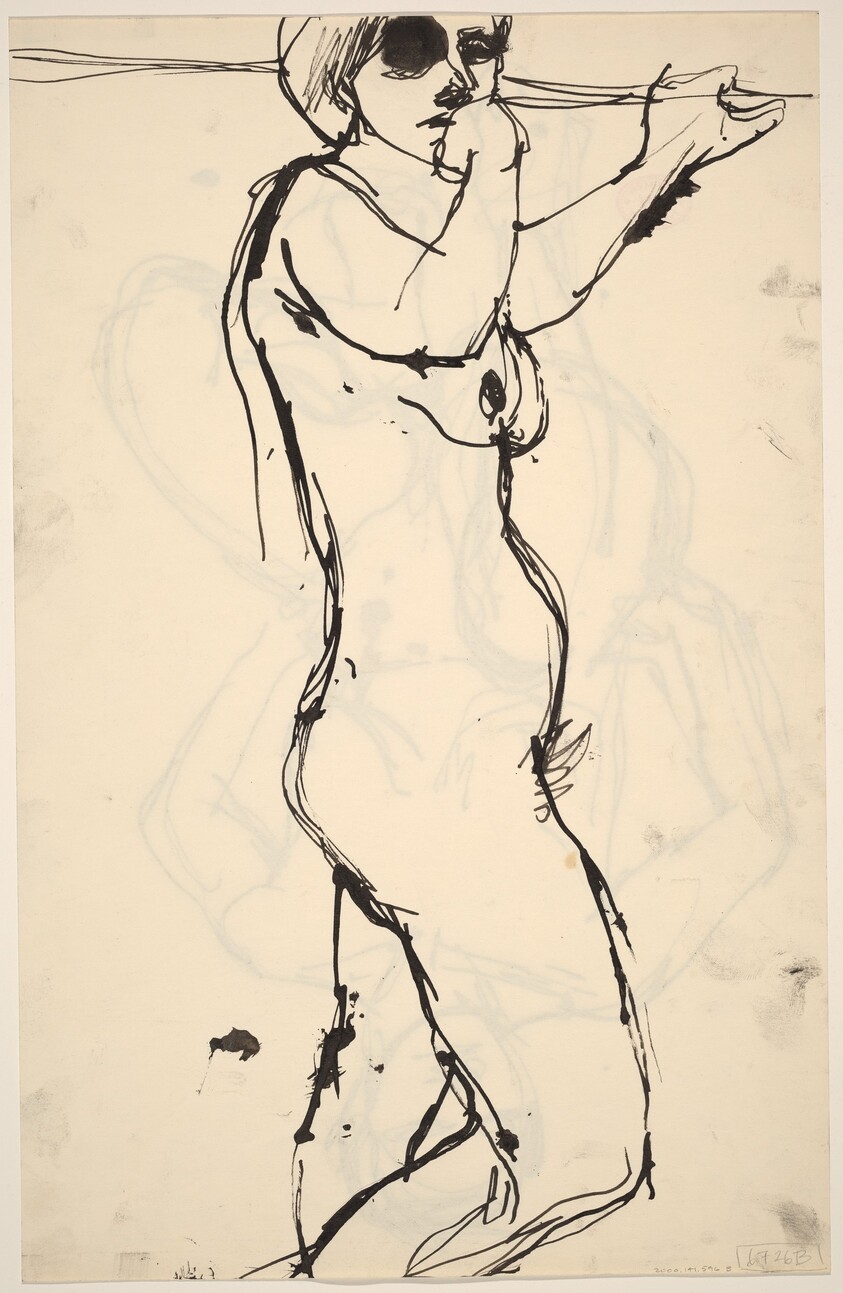 Untitled [standing nude holding a support with her left hand] [verso]