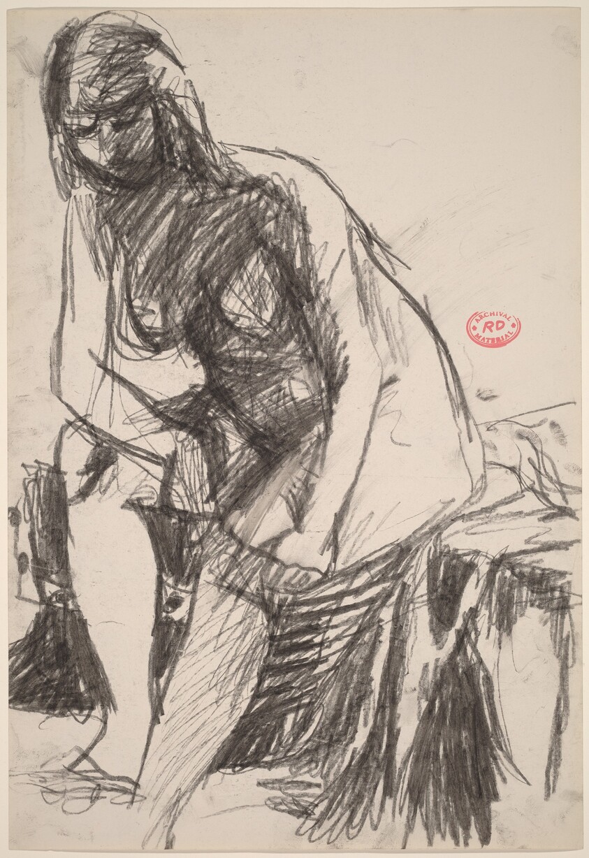 Untitled [female nude seated on a draped stool and leaning forward]