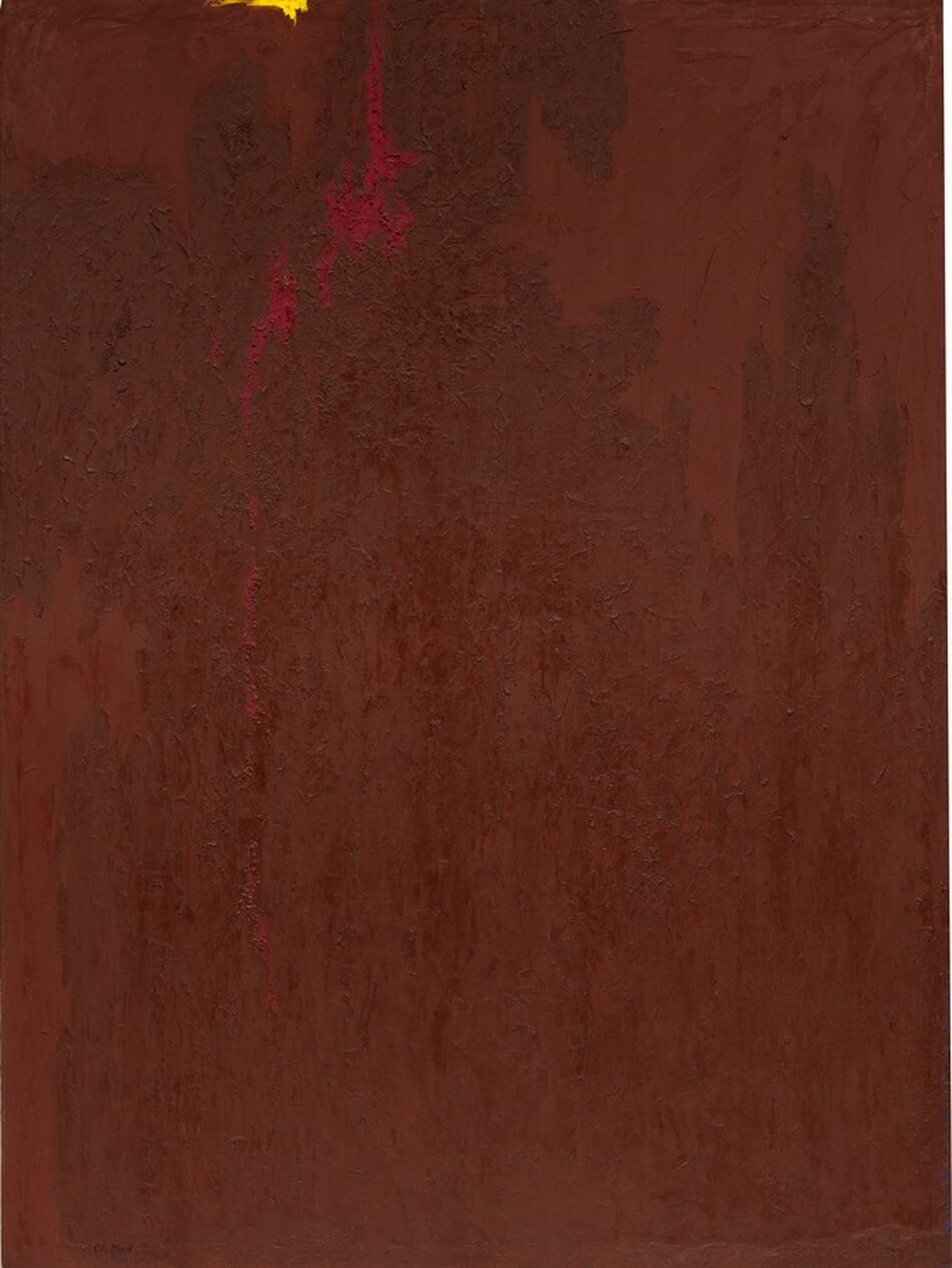 Layers of rust-red and bronze-brown, textured paint cover this vertical, abstract canvas. The layers give way to a patch of scarlet-red streaks near the top left corner. A red vein drifts about three-quarters of the way down the canvas. A narrow swipe canary-yellow lines the upper edge of the painting above the red streaks, which are about a quarter of the way across from the left edge. A few minuscule spots of lapis-blue nearly go unnoticed along the right edge of the canvas near the bottom right corner. The artist signed the painting in the lower left corner, “Clyfford.”