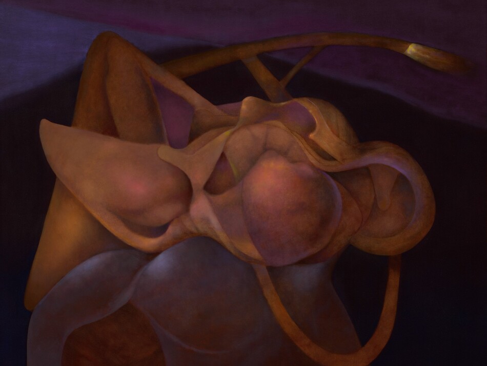 Organic bulb-, chamber-, and vein-shaped forms are painted in golden yellow, petal pink, and dusky violet in this abstract, square painting.