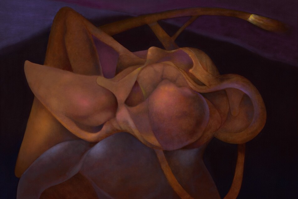 Organic bulb-, chamber-, and vein-shaped forms are painted in golden yellow, petal pink, and dusky violet in this abstract, square painting.