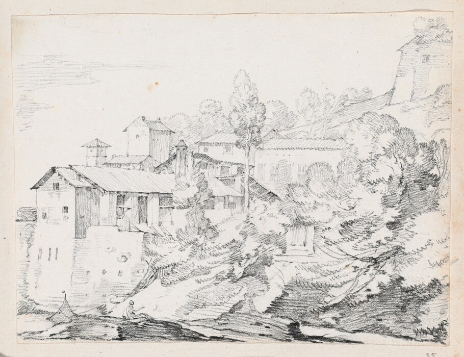 The image shows a landscape with buildings on the horizon among trees. Detailed foliage and rocky terrain are depicted in pencil strokes. The monochromatic palette uses varying shades of gray. The drawing uses simple lines and shading techniques to portray the scene without color, capturing the rustic setting.