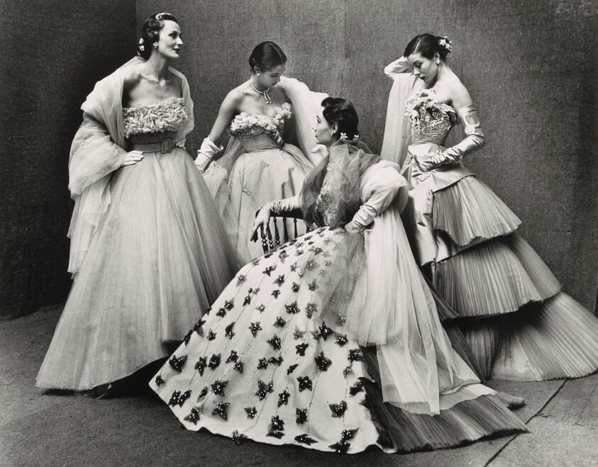 Paris Fashions, Bettina Graziani, Sophie Malgat, Jackie Stoloff, and Janine Klein Modeling Evening Gowns designed by Jacques Fath