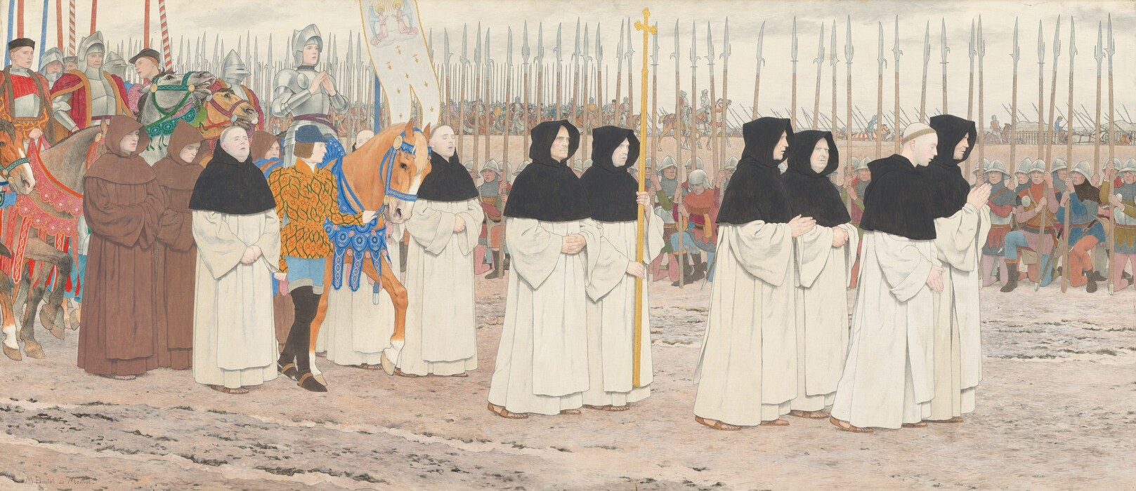 Two by two, monks wearing black and white, hooded robes lead a procession headed by an armored woman on horseback, Joan of Arc, on a rutted, sand-brown road in this horizontal painting. Most of the monks fold their hands at their waist, and the others tuck their hands into voluminous sleeves. One monk holds a tall gold cross and one a horizontal forked banner decorated with two angels. Another pair of monks in pecan-brown, hooded robes walk beside Joan’s butterscotch-brown horse. Joan wears a pale, silvery helmet and full armor, and she holds her fingertips together in prayer as she looks up. The horse has a brilliant blue saddle and collar. A young man wearing marigold orange, light blue, and black leads the horse by the bridle. More armored men on horseback behind Joan hold red, blue, or striped lances vertically by their sides. Dozens of men line the far side of the road, kneeling and holding up tall, blade-tipped halberds. Countless men on horseback line the horizon in the distance, which comes two-thirds of the way up the composition. The artist signed the painting in gray in the lower left, “M. Boutet de Monvel.”