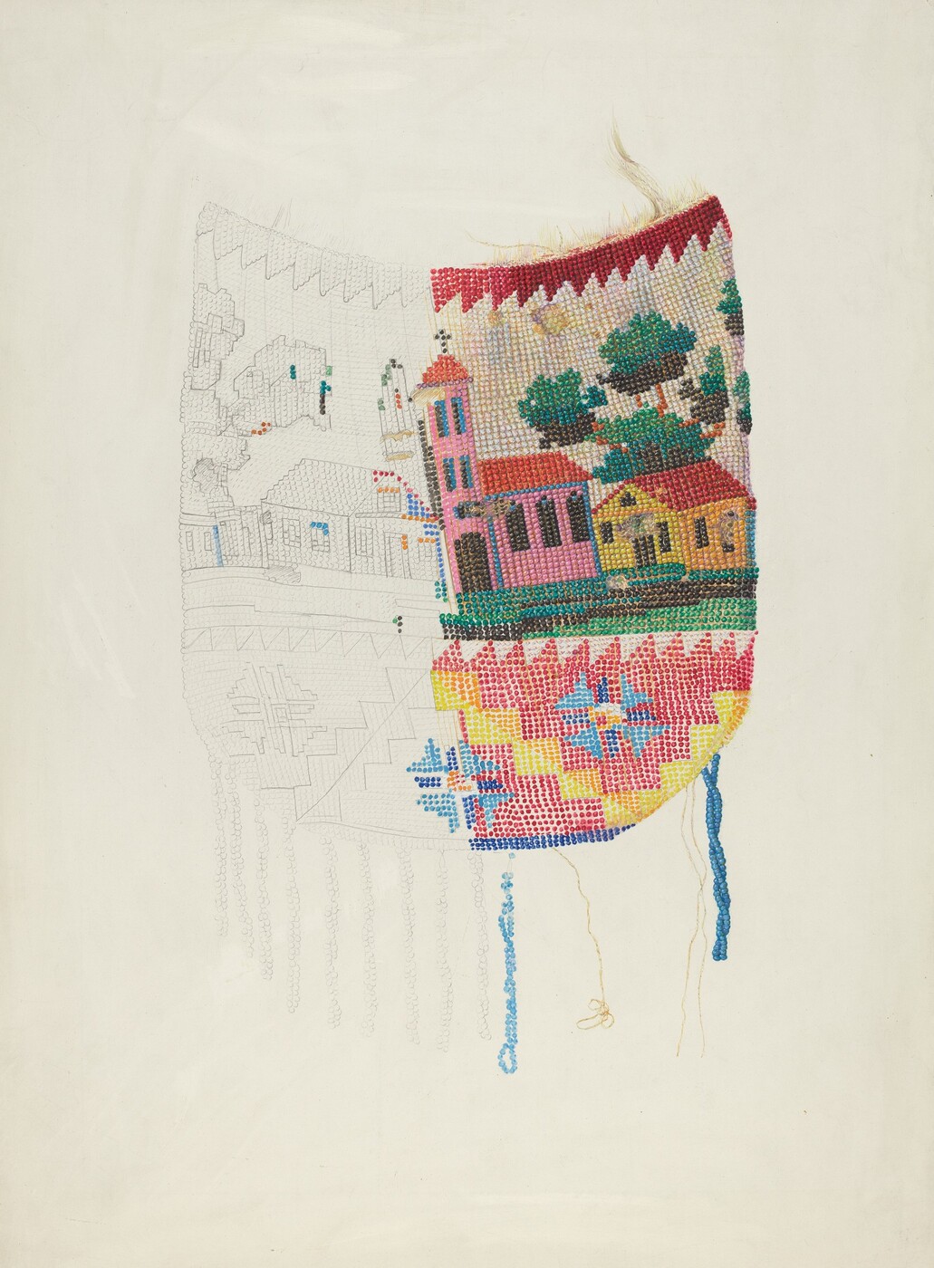 The image displays a partially completed embroidery project on a white background. The piece features vibrant houses, trees, and geometric patterns in pink, yellow, red, blue, and green colors created with meticulous cross-stitching. Some sections remain in pencil outlines, awaiting further embroidery. The contrast between the colorful embroidered areas and the unfinished, sketched sections creates visual interest.