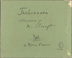 This is a drawing of a cover page. The image features a greenish colored paper with hand-written text and a small sketch. The text written in an elegant cursive style reads "Trabrennen" followed by the phrase "13 Lithographien von M. Slevogt". Below this, there is a simple line drawing of a horse pulling a vehicle. The bottom of the image includes more hand-written text "bei Bruno Cassirer" and a circular stamp at the lower right corner.