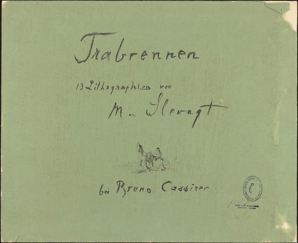This is a drawing of a cover page. The image features a greenish colored paper with hand-written text and a small sketch. The text written in an elegant cursive style reads "Trabrennen" followed by the phrase "13 Lithographien von M. Slevogt". Below this, there is a simple line drawing of a horse pulling a vehicle. The bottom of the image includes more hand-written text "bei Bruno Cassirer" and a circular stamp at the lower right corner.