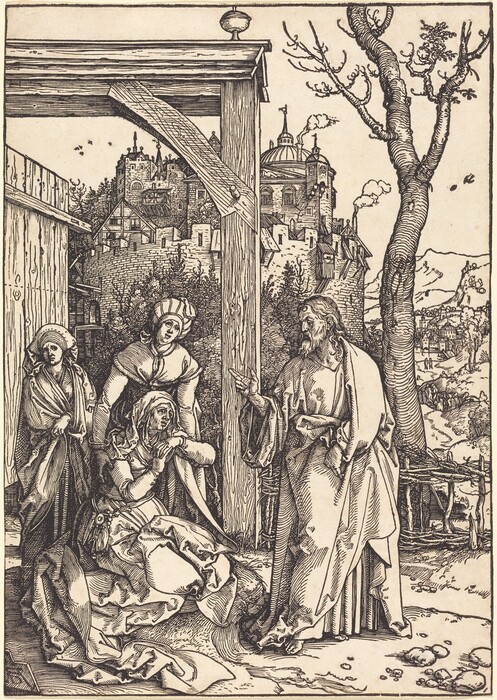 The image shows four individuals from head to toe. The figure on the right is a bearded man in long robes, extending one hand as if speaking. He has long, curly hair. To the left, a seated woman leans on another standing woman. The standing woman wears a gown with a fitted bodice and wrapped headdress, looking towards the bearded man. Behind them, another person is partially obscured, also wearing garments with a head covering. The background displays a cityscape with detailed architecture, including buildings with towers and domed roofs against a hilly landscape. A large, bare tree is on the right, and a winding road or pathway adds depth to the composition.