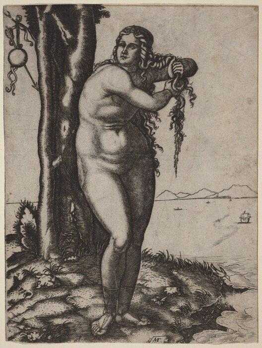 The image shows a woman standing beside a tree. She appears to be in a slight twist, with her right arm raised to hold a large braid of her long, curly hair. Her facial features are delicate, with a soft expression and long, wavy hair cascading past her shoulders. The woman is not wearing any clothing. Around her is a textured ground with patches of grass and a rocky surface, and a small body of water or shoreline visible behind her. In the background are a few distant boats on the water and a range of mountains on the horizon. To the left of the woman is a hanging spherical object attached to the tree with a string and some twisted elements.