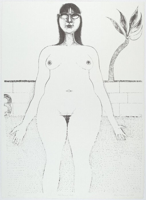 The image is of a naked human figure from head to knee, facing forward with arms at their sides. The figure has simplified facial features, straight hair with bangs, and is wearing glasses covering the eyes. There are no clothes or accessories, and a brick wall and stylized plant are in the background.