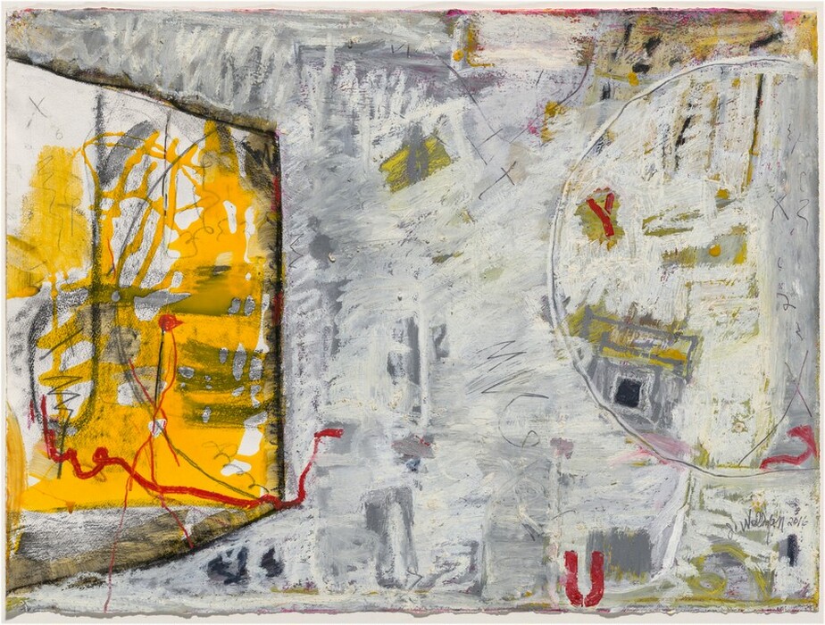 The image shows abstract shapes and lines. There is a rectangular shape with vivid yellow hues on the left and a large circular form with muted grays and whites on the right. Red and black lines are present, zigzagging and intertwining. The composition combines geometric patterns with organic lines to create a dynamic visual landscape.