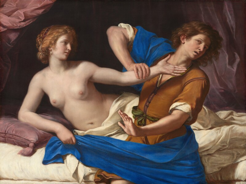 A nude woman with pale pink skin reclines under cream-white sheets in a bed as she reaches for the cloak of a man with light skin standing in front of the bed, who leans away with arms raised in this horizontal painting. The mattress runs along the bottom edge of the canvas, and the man is shown from the knees up. The woman’s bare torso faces us, hips stacked, as she turns her face to our right in profile, looking at the man. She props her body up with her right elbow, to our left, on a mauve-pink pillow. With that hand, she clutches the end of the man’s royal-blue cloak. With her other hand, she reaches with palm up across the body of the man toward his face. Her strawberry-blond hair is pulled back under a muted red ribbon, woven with pearls, and gathered at the nape of her neck. Soft curls frame her forehead and temple. A teardrop pearl earring dangles from her right earlobe. Her nose is long and slender, and her small, pale peach lips are slightly parted. The man’s body is angled toward the woman, to our left, but he twists and leans away, to our right. With elbow raised, he grips her extended forearm with his right hand, to our left. He raises his other arm with his palm out. He looks up with brown eyes under raised brows. His mouth is open and his head tipped sharply away from the woman so his chin-length, wavy, brown hair hangs by his face. He wears an ochre-yellow, thigh-length tunic over a white shirt. A thin olive-colored belt is tied in a bow at his waist. His vivid blue cloak wraps over his right upper arm, farther from us, around his torso and hips, and is pulled by the woman. Rose-pink, shiny curtains frame the scene in the upper corners, and beyond, the background is swallowed in shadow.
