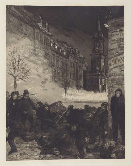 This is a painting of a street scene. The image depicts an urban environment with figures engaged in various activities. In the foreground, there are figures, some holding sticks or tools. The background features tall buildings with a dark sky above and a steeple or tower. A tree stands bare. The image conveys movement and intensity, rendered in a monochromatic palette emphasizing contrast and depth.