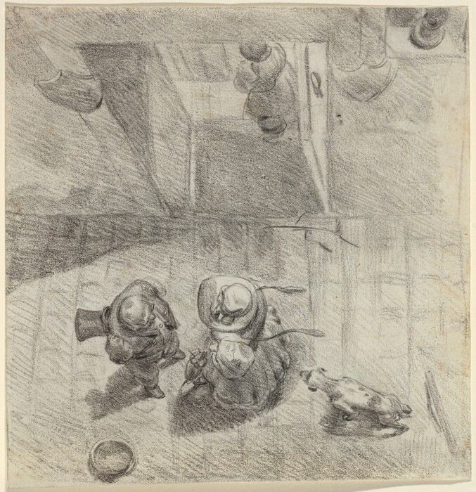 This is a drawing showing a bird's-eye view of two figures and a dog on a street. The drawing captures two figures walking closely together on a sidewalk or street. The figures are depicted wearing heavy coats and hats. A small dog is shown in motion to their right. Long shadows are cast by the figures and the dog, suggesting a strong light source. The textures and shading techniques imply depth and dimensionality in the scene.