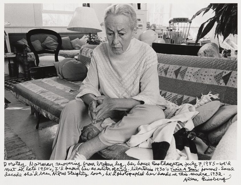 Dorothy Norman recovering from broken leg, her house Easthampton July 7, 1985 - we'd met in late 1950s, I'd known her as editor of Civil-libertarian 1930s _Twice a Year_ journal - same decade she'd been Alfred Stieglitz’s love, he'd photographed her hands in this mudra 1932.