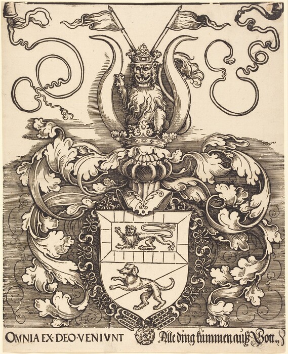 This is a drawing of a heraldic crest. It features a coat of arms with a shield at the center. The shield has two quadrants: the upper quadrant displays a lion and a rope, and the lower quadrant shows a dog. Above the shield is a crown-like structure with a crowned lion holding two flags. Surrounding the central arrangement are scrollwork and decorative elements. The text below the image reads, "Omnia ex Deo veniunt," which means "All things come from God." The drawing is in monochrome, highlighting the linework and shading.