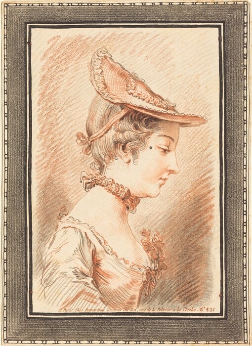 The drawing depicts a woman from the shoulders up, in profile facing right. She has delicate facial features, including a nose and chin. She has curly hair tied with a ribbon bow, and wears a lace-edged cap. She wears a dress with a ruffled neckline and floral patterns on the shoulder. There is a band around her neck. The background is simply textured with cross-hatching, bordered by a wide black decorative frame.