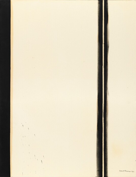 Three thin, black bands span the height of this otherwise cream-white, vertical, abstract painting. One solid black band is along the left side of the canvas, and it is lined with parchment brown along its crisp right edge. The other two black bands are near each other about three-quarters of the way across the composition. Together these two are about the same width as the first black band. The outermost edges of pair of black bands are filmy, and a sliver of white separates the two up the middle. Black paint is spattered in the lower left quadrant of the painting, and the artist signed and dated the lower right corner, “Barnett Newman 1960.”