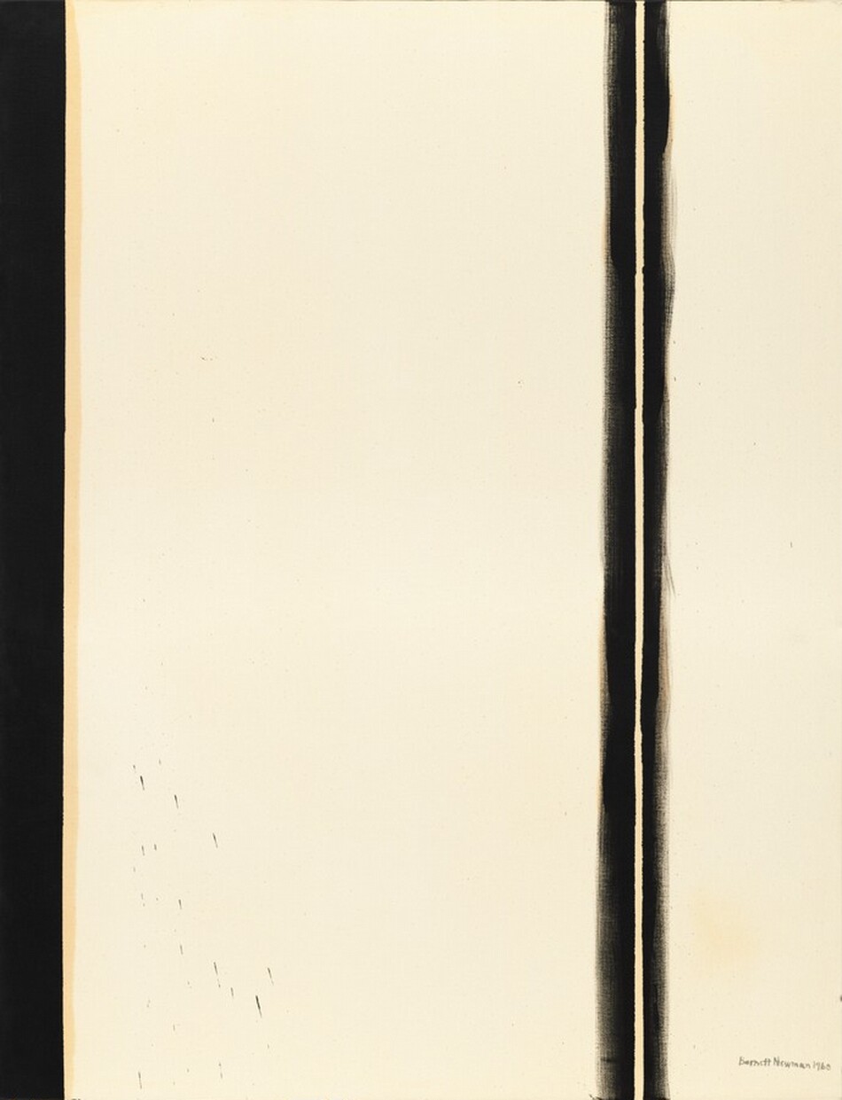 Three thin, black bands span the height of this otherwise cream-white, vertical, abstract painting. One solid black band is along the left side of the canvas, and it is lined with parchment brown along its crisp right edge. The other two black bands are near each other about three-quarters of the way across the composition. Together these two are about the same width as the first black band. The outermost edges of pair of black bands are filmy, and a sliver of white separates the two up the middle. Black paint is spattered in the lower left quadrant of the painting, and the artist signed and dated the lower right corner, “Barnett Newman 1960.”
