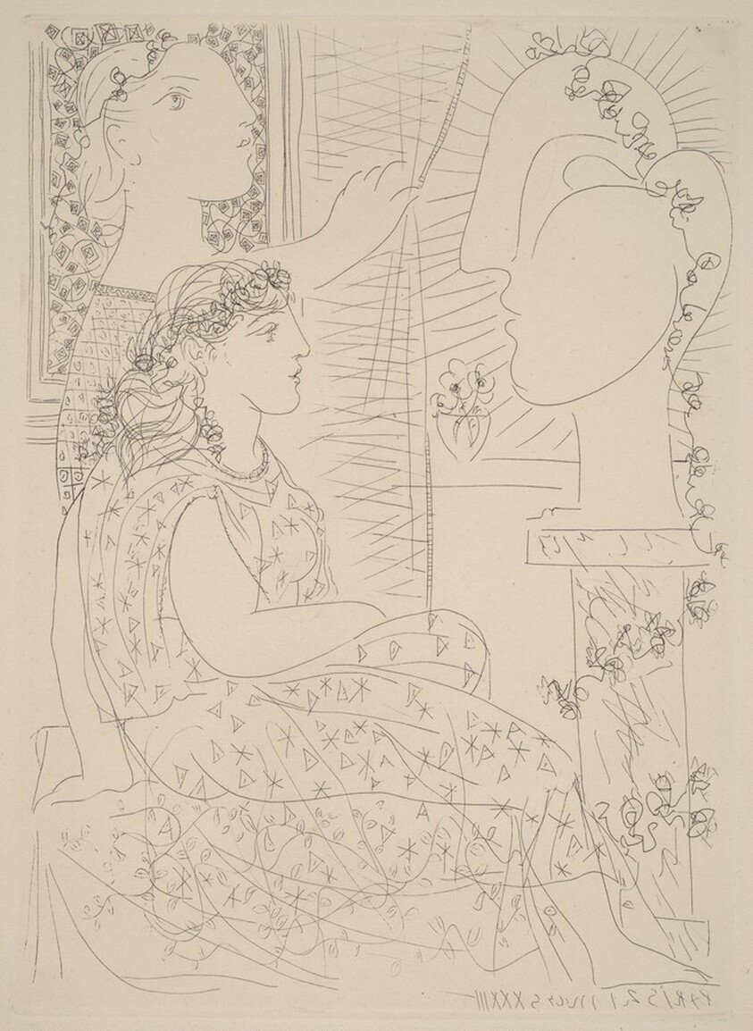 Two Women Looking at a Sculpted Head (Deux femmes regardant une tête sculptée)