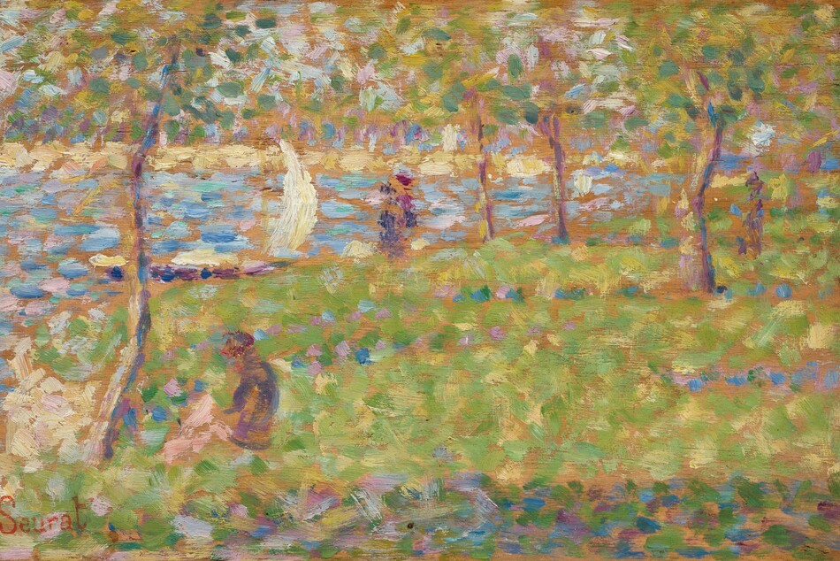 This horizontal landscape is painted with dots and dashes in fresh green, shimmering blue, amethyst purple, shell pink, pale yellow, and cream white against the brown wood of the panel, which is visible throughout. Though loosely painted, a scene with a grassy area hemmed to our left and along the back with a body of water comes into focus. A person sits near the bank to our left. Daubs in violet could be more people walking in the near distance among trees. An arc of white suggests a sailboat near the shoreline off to our left. The artist signed the painting in red in the lower left, “Seurat.”
